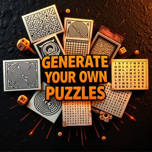 May include: A collection of various puzzles, including mazes, word searches, and a crossword puzzle. The puzzles are arranged in a circle around the text "GENERATE YOUR OWN PUZZLES".