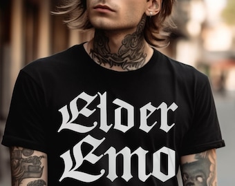 Elder Emo Unisex Jersey T-Shirt, Alternative, Elder Goth, Halloween Shirt, Gothic Style, Emo Music, Skull, Snake, Bats Gift Emo Mom Edgy Y2K
