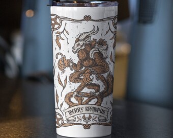 Merry Krampus Christmas Tumbler 20oz, Holiday Tumbler, Coffee, Travel Cup, Vintage Retro, Tarot Card, Creepmas, Gothmas, Spooky, Funny Gift