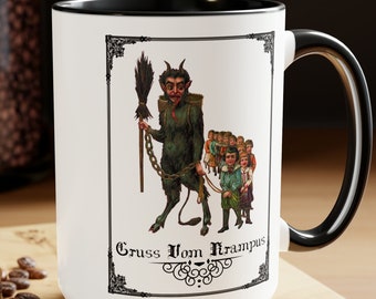 Gruss Vom Krampus Christmas Coffee Mug, Skeleton Santa, Cup, Funny Gift, Holiday Gothic Vintage Creepmas Ugly Sweater Retro Gothmas Spooky