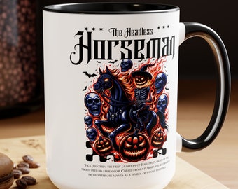 Hoofdloze ruiter 15 oz. Tweekleurige koffiemok, Halloween, Goth Decor, Sleepy Hollow, Macaber, Gothic Home, Griezelig, Y2K, Vintage, Retro, Heks