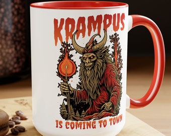 Krampus Is Coming To Town Christmas Coffee Mug, Santa Cup Funny Gift Holiday Gothic Vintage Creepmas Ugly Sweater Retro Gothmas Spooky Skull