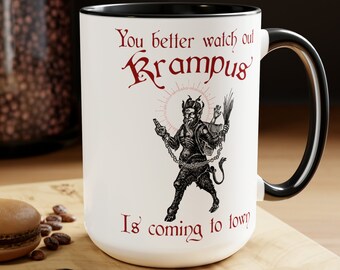 Krampus Is Coming To Town Christmas Coffee Mug, Santa Cup Funny Gift Holiday Gothic Vintage Creepmas Ugly Sweater Retro Gothmas Spooky Skull