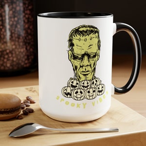 Halloween Coffee Mug, Frankenstein, Spooky Vibes, Two-Tone, Spooky Season, Goth Gift Mug, Gothic Style, Pumpkins | Horror Movie | Witchcraft