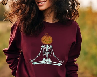 Pumpkin Skeleton Halloween Sweatshirt, Yoga Shirt, Halloween Shirt, Witch Shirt, Spooky Season, Fall Shirt, Gift, Vintage Halloween Shirt