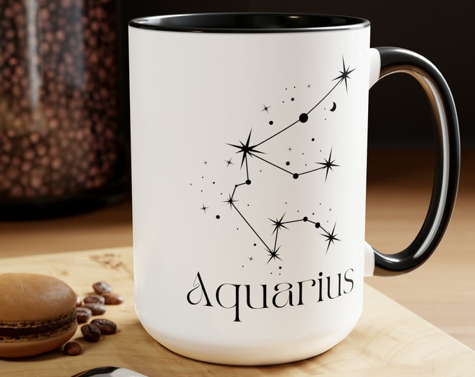 Aquarius Zodiac Mug | Two-Tone Coffee Mug, 15oz,  Zodiac Coffee Mug, Aquarius Birthday Gift | Witchy Aquarius Mug | Aquarius Mug | Star Sign