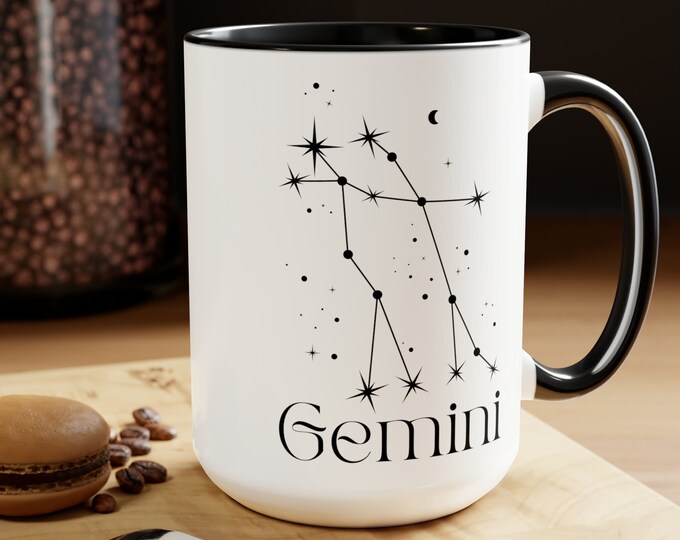 Gemini Zodiac Mug, Two-Tone Coffee Mugs, 15oz, Zodiac Coffee Mug, Witchy Gemini Mug, Gemini Mug, Gemini Birthday Gift, Star Sign, Minimalist