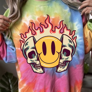 Skull Smiley Face Unisex Tie-Dye Sweatshirt, Halloween Sweatshirt, Vintage Halloween Shirt, Rainbow, Pride, Spooky Scary, Y2K, Pastel Goth