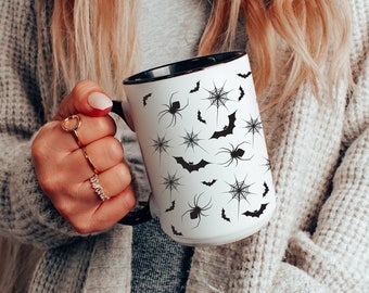 Bat and Spider Halloween Coffee Mug, Spider web, Autumn, Fall Mug, Best Friend Spooky Mug Coffee Bar, Vintage Halloween Y2K Funny Gift Retro