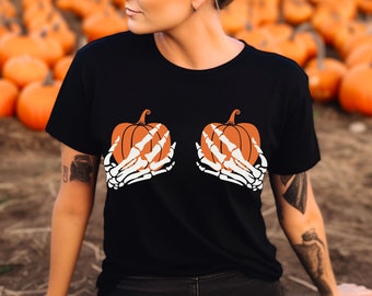 Halloween Pumpkin Boobies T-Shirt, Funny Halloween T-shirt, Halloween Shirt, Spooky Season, Skeleton, Witchcraft, Freaking Bats, Goth Mom