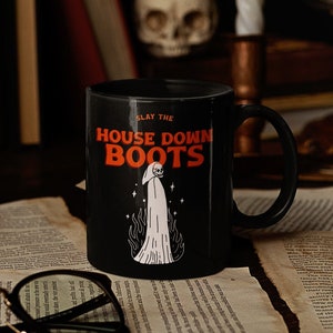 Slay The House Down Boots Black Mug 15oz, Halloween Mug, Halloween Decor | Grim Reaper | Skeleton | Motivational | Pride | Housewarming Gift