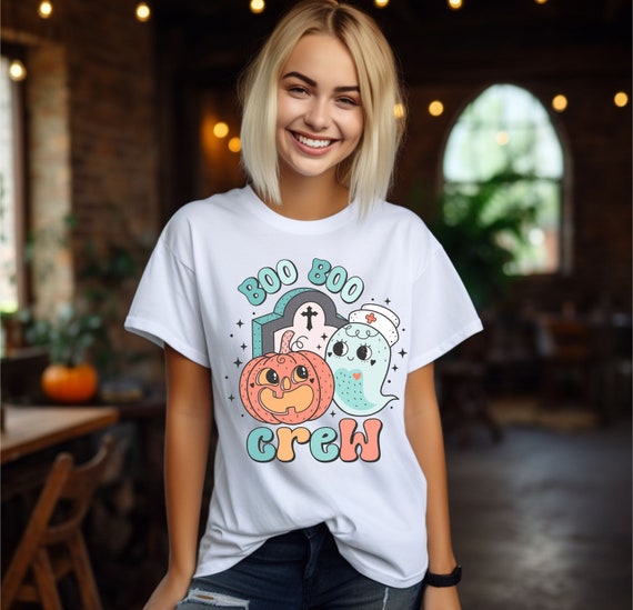 Nurse Halloween T-Shirt, Spooky Nurse Shirt, Boo Boo Crew, Funny, Halloween Shirt, Spooky Season, Vintage Retro Ghost Bats Gift, Pastel Goth