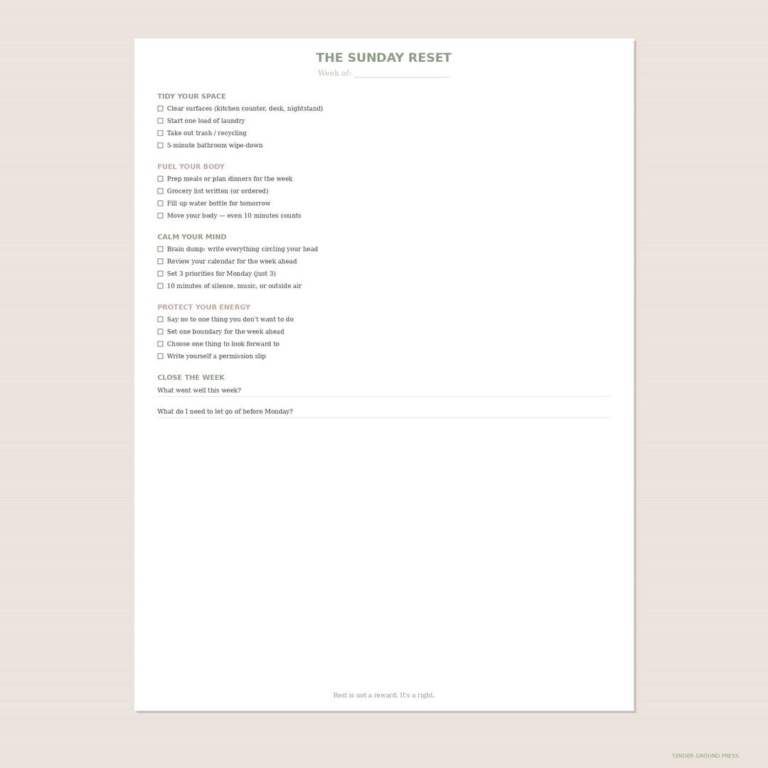Sunday Reset Checklist Printable | Weekly Planning, Self-care Routine ...