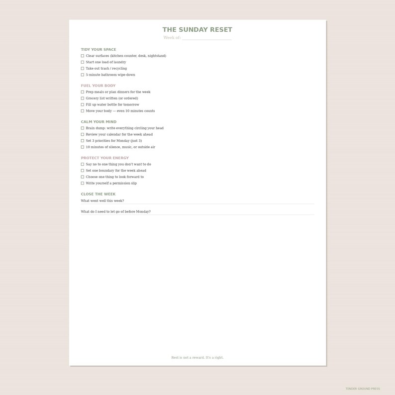 Sunday Reset Checklist Printable | Weekly Planning, Self-care Routine ...