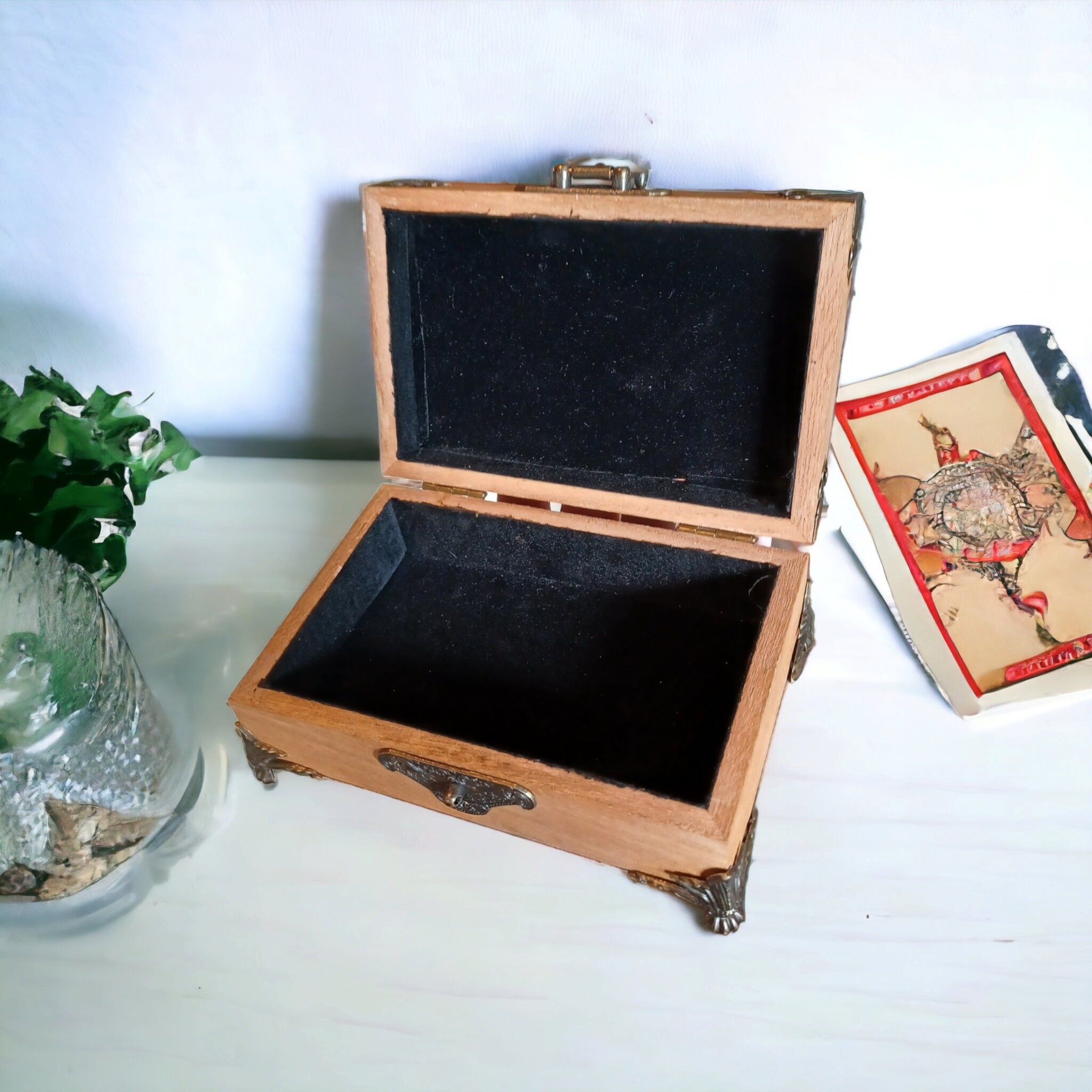Celtic Moon Chest Box With Chalice – 8.3x5.3x3.7 Inch Wood & Leather Tarot Altar Box, Vintage Witchy Decor