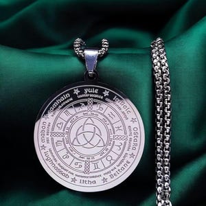 Wicca Wheel of the Year Pendant Chain Necklace | Men's Jewelry / Jewellery | Witchy Unisex Necklace | Silver Chunky Chain