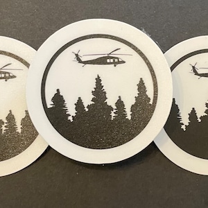 Helicopter Silhouette Flying over Forest Army Helicopter Military Circle Stickers UH-60 Blackhawk  AH-64 Apache Pride CH-47 Chinook decal