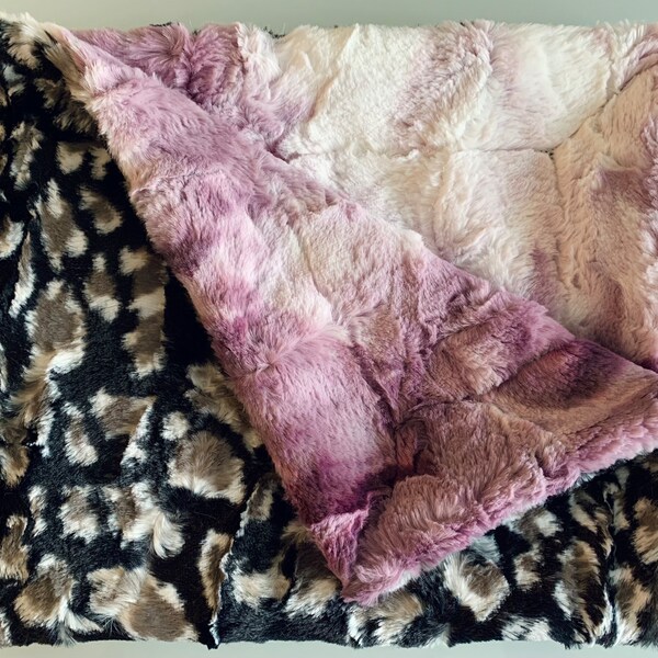 Black & Gray Leopard Minky Baby Girl Blanket | Sorbet Vanilla Berry Luxe Cuddle Minky | Mauve Purple White Blanket