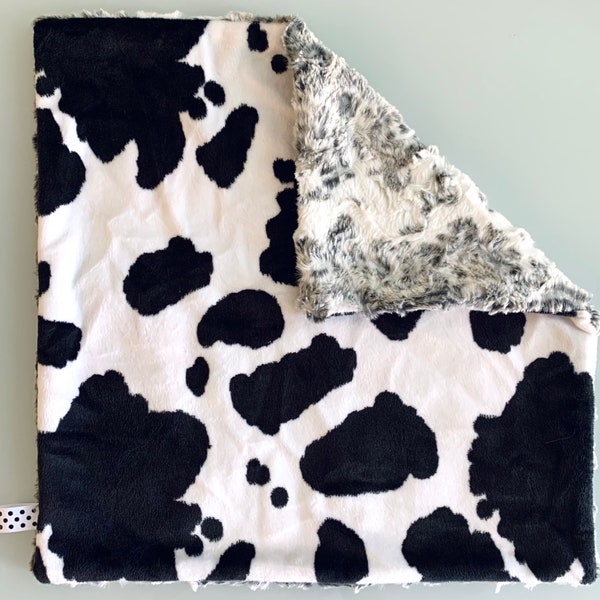 Cow Print Black & White Baby Boy Minky Lovey Blanket | Snowy Owl Black Luxe Cuddle Minky | Neutral Minky Baby Lovie