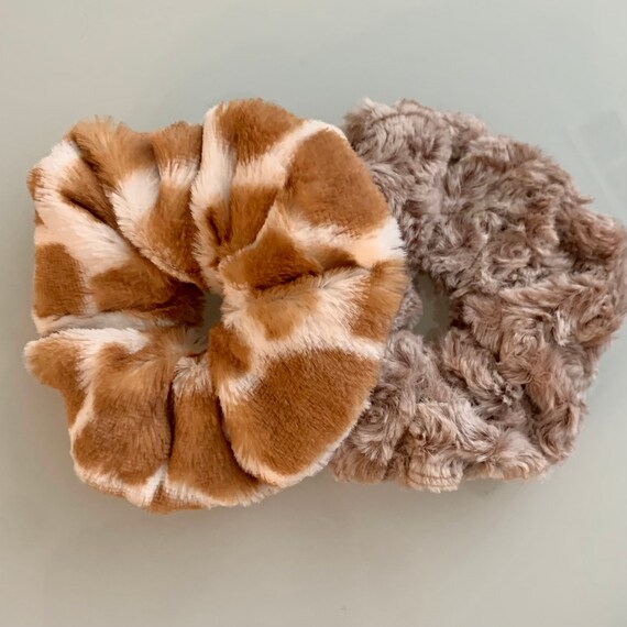 Super Soft Minky Scrunchies | Giraffe Print Natural Tan | Marble Rose Sand Ivory | Luxe Cuddle Scrunchys