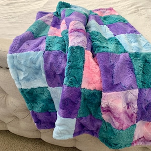 Patchwork Squares Minky Baby Blanket | Unicorn Sorbet Pink Purple Luxe Cuddle Minky | Infant, Baby Girl & Toddler Quilted Minky Blanket