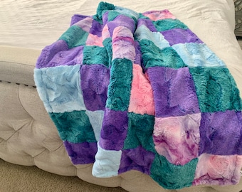 Mini Squares Minky Baby Blanket | Unicorn Sorbet Pink Purple Luxe Cuddle Minky | Infant, Baby Girl & Toddler Quilted Minky Blanket