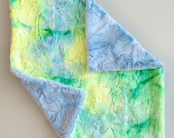 Firefly Sorbet Tie Dye Baby Boy Minky Lovey Blanket | Baby Blue Hide Luxe Cuddle Blanket | Green & Yellow Baby Boy Minky Lovie