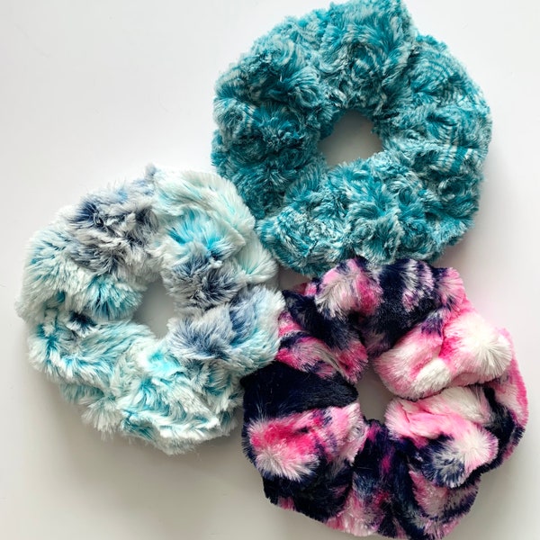 Super Soft Minky Scrunchies | Limestone Hot Pink | Prism Surfs Up Blue & White | Spruce Teal Marble Rose | Luxe Cuddle Scrunchys