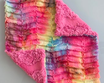 Bright Rainbow Tie Dye Baby Girl Minky Lovey Blanket | Hot Pink Glacier Luxe Cuddle Blanket | Minky Baby Lovie Blanket