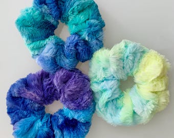 Super Soft Minky Sorbet Tie Dye Scrunchies | Mystic Purple Blue | Tidal Wave Blue Green | Firefly Blue Yellow | Luxe Cuddle Scrunchys