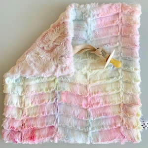 Minky Binky Buddy Lovey | Groovy Pastel Rainbow Tie Dye Luxe Cuddle Blanket | Rosewater Pink Snowy Owl Baby Girl Minky Pacifier Lovie