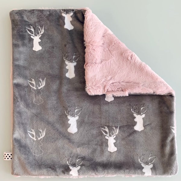 Gray Deer Antlers Cuddle Minky Lovey Blanket | Rose Pink Hide Luxe Cuddle Minky | Baby & Toddler Girl Minky Lovie