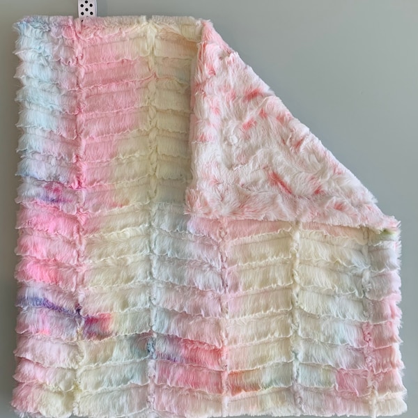 Groovy Pastel Rainbow Minky Lovey Blanket | Snowy Owl Coral Pink Luxe Cuddle Blanket | Baby Girl Tie Dye Lovie