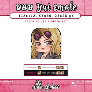 Pode incluir: Uma ilustração digital de uma personagem feminina com cabelo loiro, vestindo uma jaqueta preta e óculos de proteção. A personagem está olhando para a direita. A imagem é rotulada como "DBD Yui Emote" e inclui as dimensões "112x112, 56x56, 28x28 px". O texto "READY TO USE & OPTIMIZED" também está incluído na imagem.