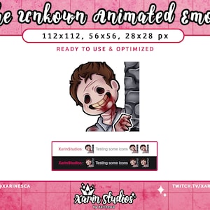 May include: Animated emote of a cartoon character with a bloody face peeking around a corner. The character is wearing a white shirt with a red stain on it. The emote is available in three sizes: 112x112, 56x56, and 28x28 pixels. The text "READY TO USE & OPTIMIZED" is displayed below the emote.