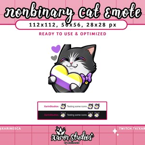 May include: A black and white cat with a purple bow tie holds a yellow, purple, and white heart. The cat is smiling and has a pink nose. The heart has a non-binary pride flag design. The image is a digital illustration.