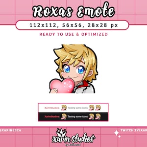 May include: Digital Roxas emote with a blonde character holding a pink heart. The emote is ready to use and optimized for Twitch. The image includes the text "Roxas emote" and "XarinStudios".