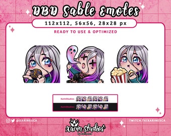 May include: Three digital illustrations of a character with purple hair and a white dress. The character is shown with a cup of coffee, a ghost, and a bucket of popcorn. The text "DBD Sable Emotes" is at the top of the image. The text "112x112, 56x56, 28x28 px" is below the title. The text "READY TO USE & OPTIMIZED" is below the dimensions. The text "@XARINESCA" is in the bottom left corner of the image. The text "TWITCH.TV/XARINESCA" is in the bottom right corner of the image. The text "xarin Studios" is in the center of the image.
