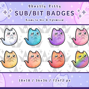 Könnte beinhalten: Satz von acht digitalen Abzeichen mit Cartoon-Geisterkatzen in verschiedenen Farben, darunter Weiß, Blau, Lila, Rosa, Orange, Rot und Regenbogen. Die Abzeichen sind mit "Sub/Bit Badges" beschriftet und in drei Größen erhältlich: 18x18 Pixel, 36x36 Pixel und 72x72 Pixel.