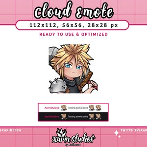 May include: A digital illustration of a cartoon character with spiky blonde hair, wearing a black shirt and a brown leather jacket, holding a sword. The character is against a pink background with white grid lines. The text "cloud emote" is at the top of the image, and the text "112x112, 56x56, 28x28 px" is below it. The text "READY TO USE & OPTIMIZED" is below that. The text "@XARINESCA" is at the bottom left of the image, and the text "TWITCH.TV/XARINESCA" is at the bottom right of the image. The text "xarin studios" is in the center of the image, with the text "by Xarinesco" below it.