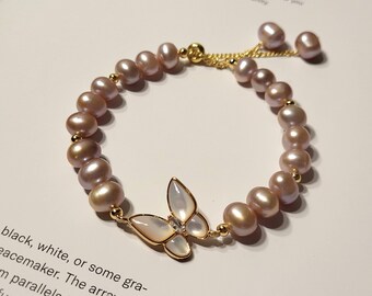 Gold Butterfly Charm Bracelet, Pink Pearl Bracelet, Freshwater Pearl Bracelet, Gold Charm Bracelet,Adjustable Bracelet,Dainty Bracelet