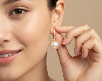 Diamond Pearl Earrings | Simple Freshwater Pearl Earrings | Gold Pearl Hooks | Sterling Silver | Wedding Jewelry | Everyday Elegant Earrings