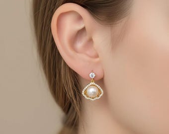 Gold Shell Pearl Earrings | Dainty Seashell Drop Earrings | Tiny Pearl Beach Jewelry | Minimalist Ocean Earrings | Gift for Her