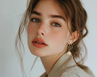 Gold Star Pearl Drop Earrings: Sterling Silver Studs