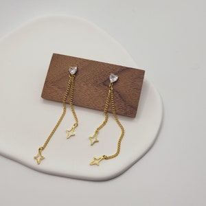 Sterling Silver Star Chain Earrings: Gold Diamond Dangle Earrings