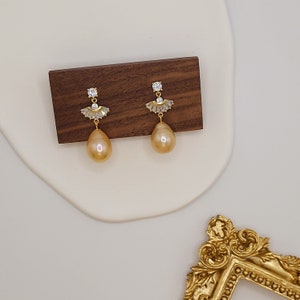 Skirt-Shaped Pearl Drop Earrings/Gold Diamond Pearl Earrings/Vintage Yellow Pearl Earrings/ Sterling Silver Pearl Earrings/ Dainty Earrings