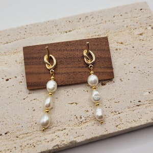 Gold Chain Freshwater Pearl Drop Earrings: Sterling Silver Dainty Jewelry