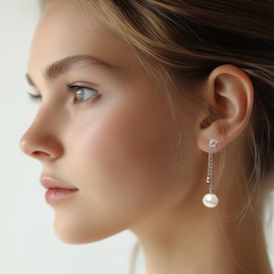 Diamond Circle Pearl Earrings/ Long Chain Pearl Earrings/Diamond Chain Pearl Earrings/ Sterling Silver Chain Earrings/Minimalist Pearl Studs