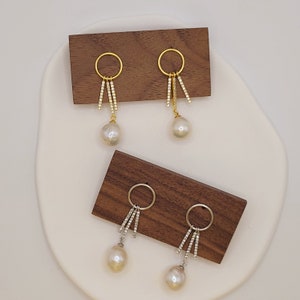 Gold Baroque Pearl Drop Earrings, Diamond Pearl Earrings, Sterling Silver Pearl Jewelry, Elegant Bridal Jewelry, Gift for Her