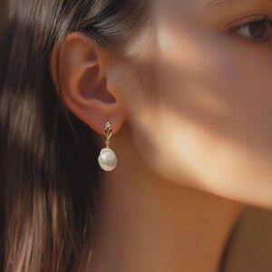Baroque Pearl Drop Earrings: Sterling Silver Gold Spiral, Wedding Jewelry
